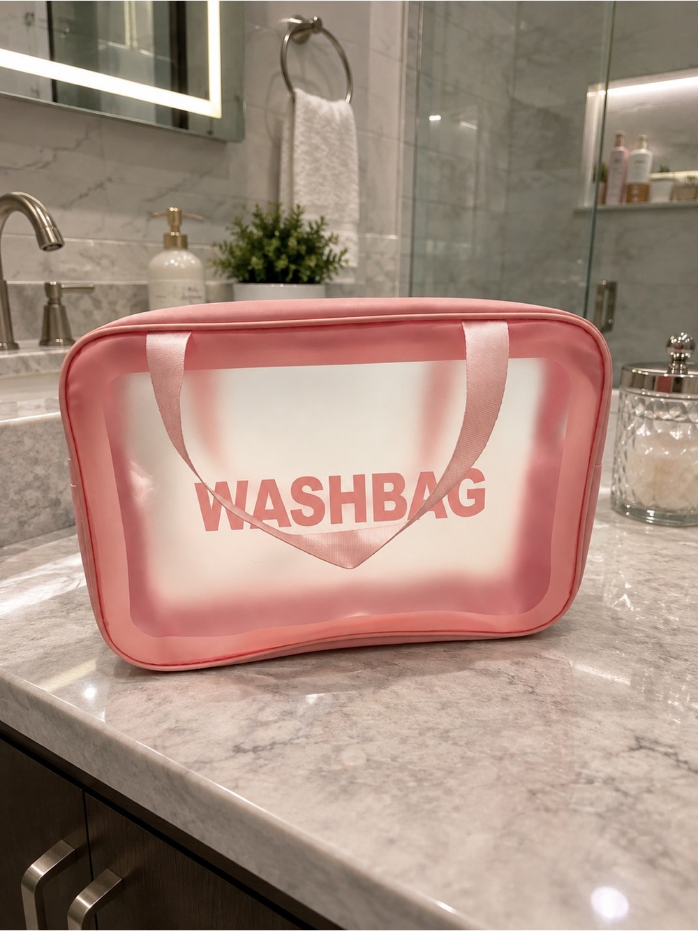 Pink Transparent Travel Washbag with Handles